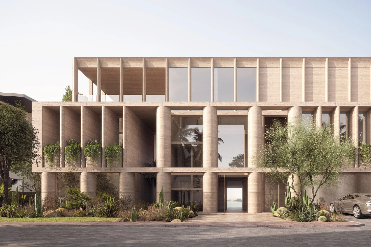 Modern villa with columns, glass façade, desert landscaping, and soft daylight for architectural rendering companies