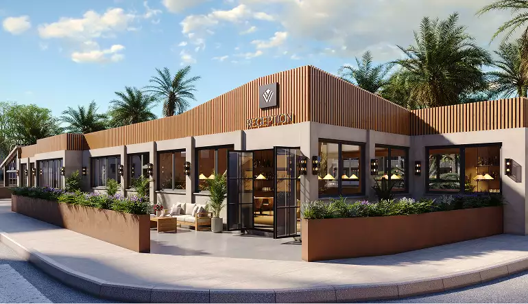 Modern reception building with palms and terrace seating for real estate CGI
