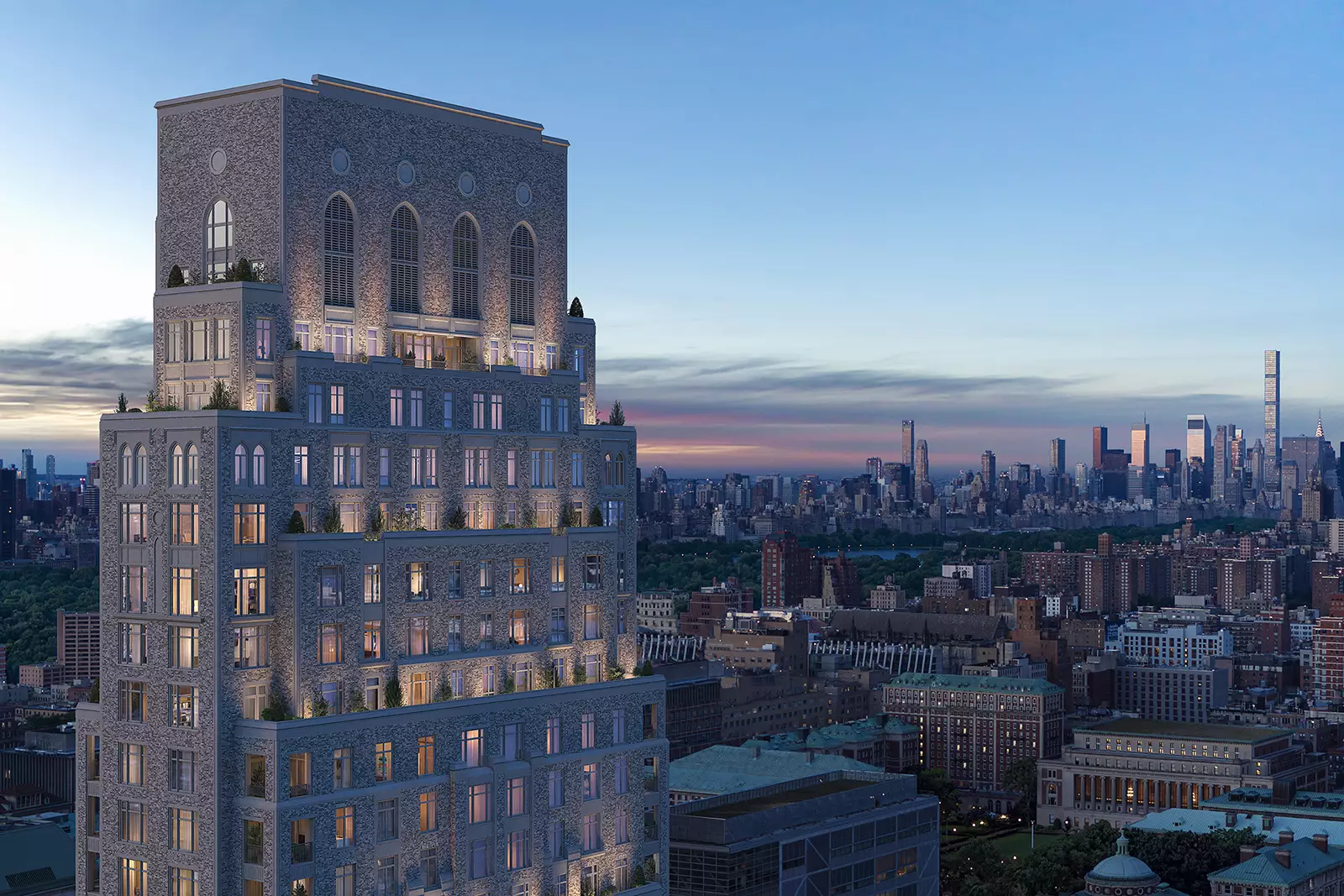 Luxury residential tower overlooking a city skyline at dusk for architectural visualization companies for real estate