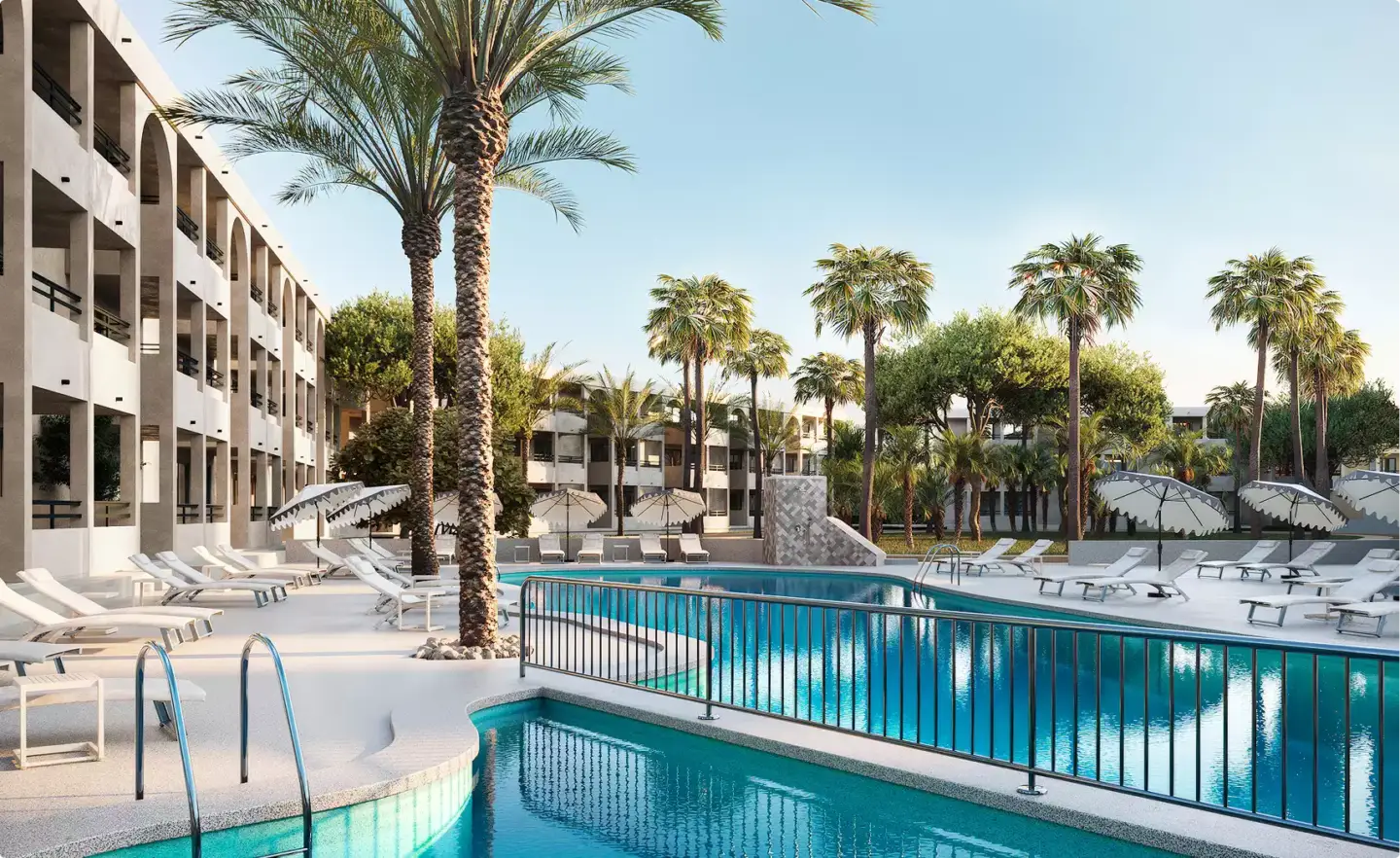 Resort pool with palms, loungers and umbrellas for amenity visualization