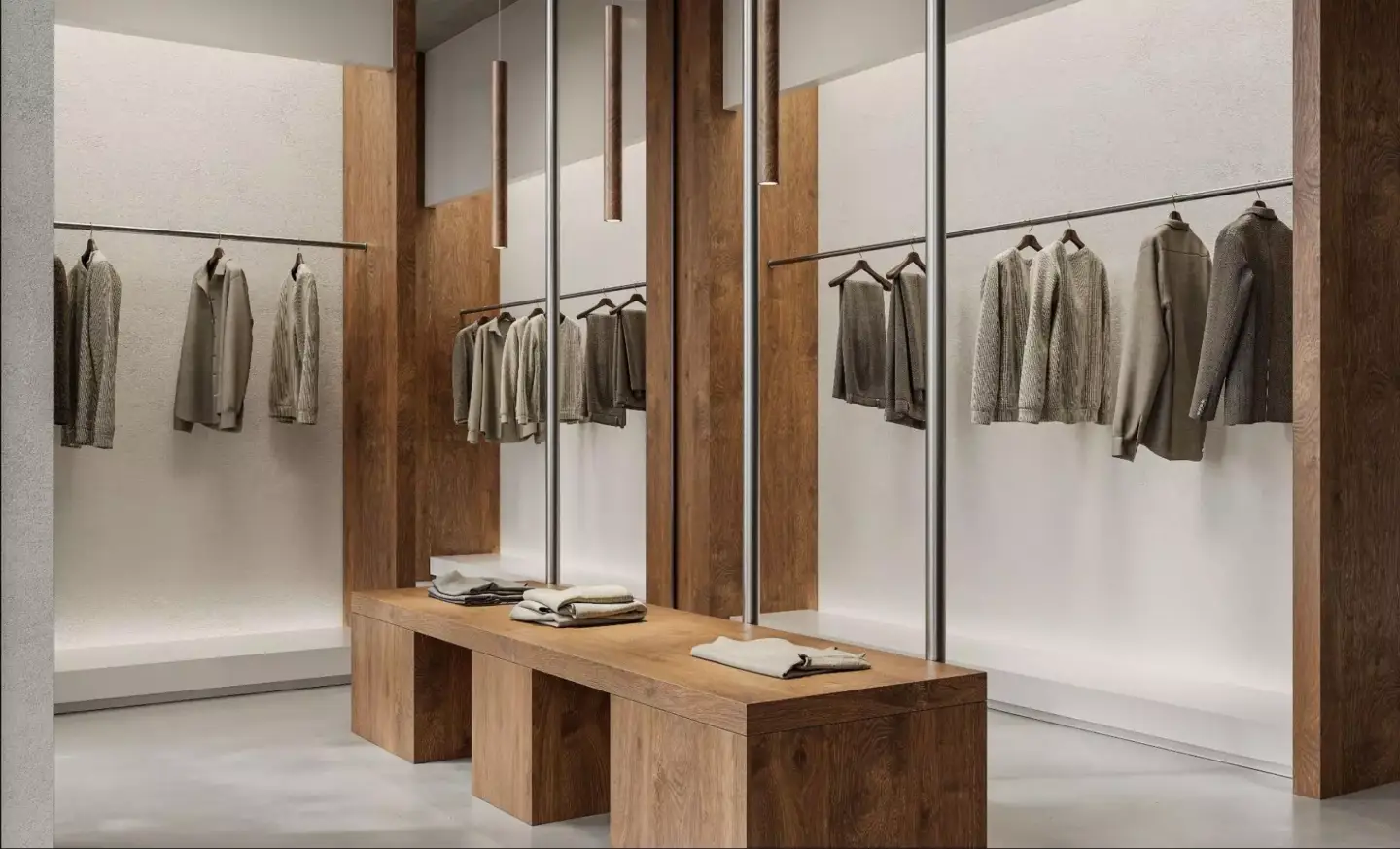 Best Interior Renders for 3D Interior Visualization Boutique retail interior with wood benches, hanging clothes, mirrors, and pendant lights