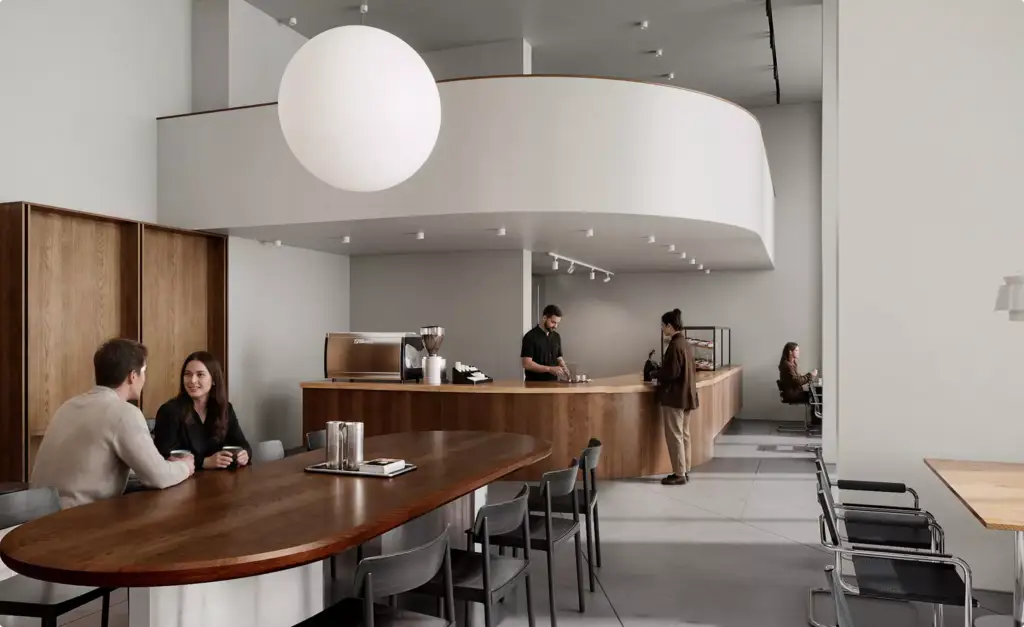 3D-visualisatie van een café-interieur met gasten bij de gebogen koffietoonbank en de zithoek