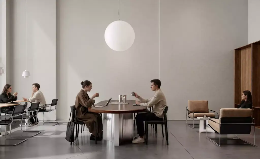 3D-visualisatie van een café-interieur met gasten aan een gemeenschappelijke tafel onder een hanglamp