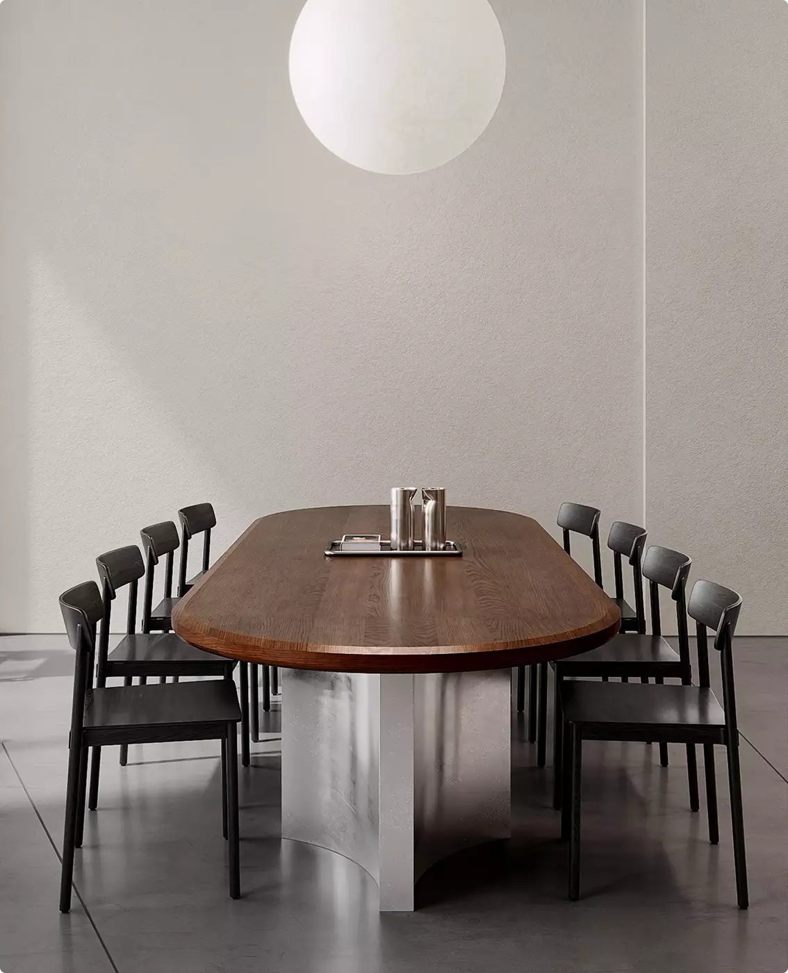 3D-visualisatie van een café-interieur met lange houten tafel en zwarte eetkamerstoelen