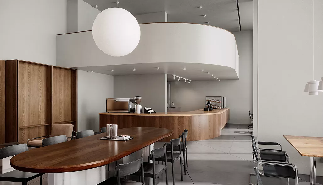 Modern café-interieur in CGI met gebogen toonbank, hanglampen en gemeenschappelijke zitplaatsen