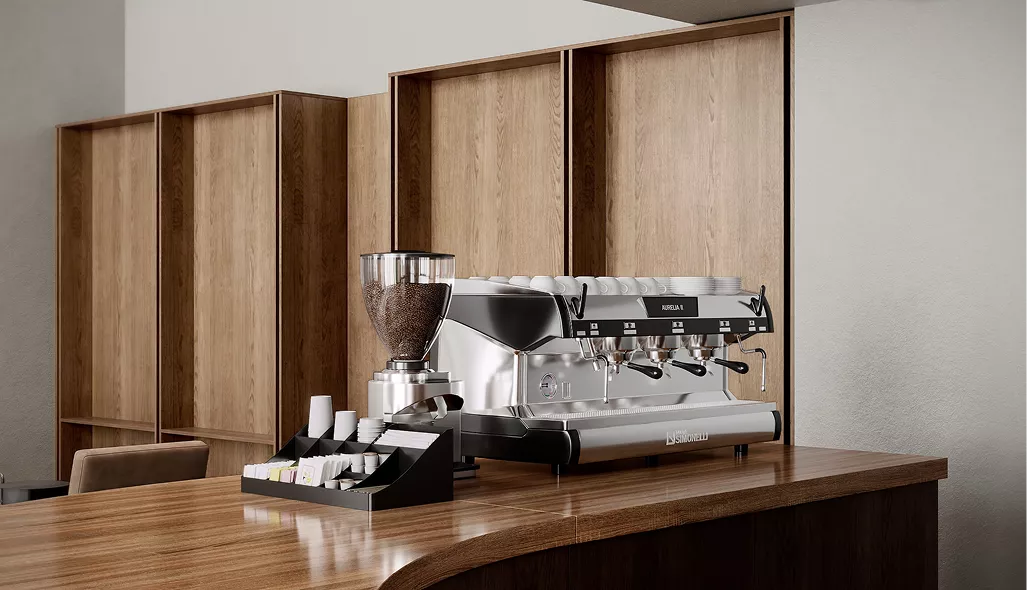 Café-interieur in CGI met espressomachine op gebogen houten toonbank en schappenwand