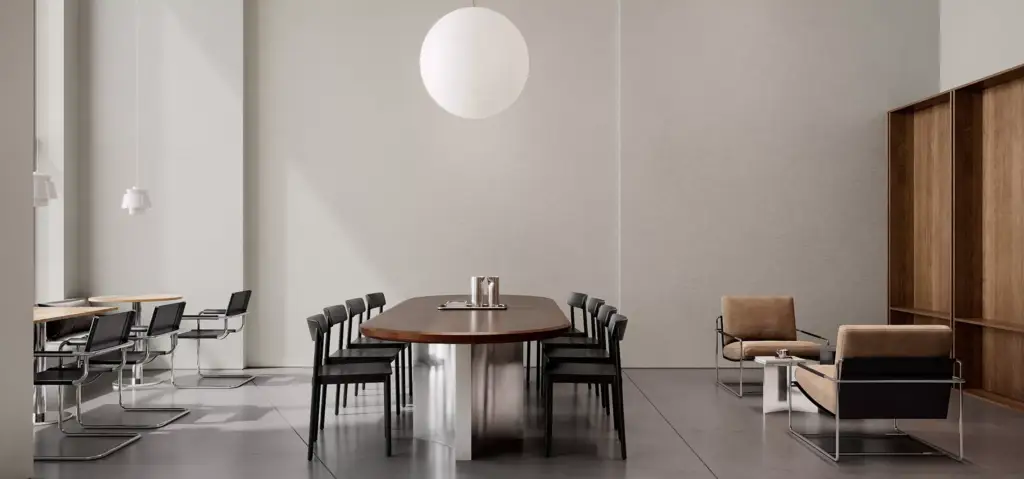 Minimalistisch café-interieur in CGI met lange houten tafel, zwarte stoelen en loungehoek