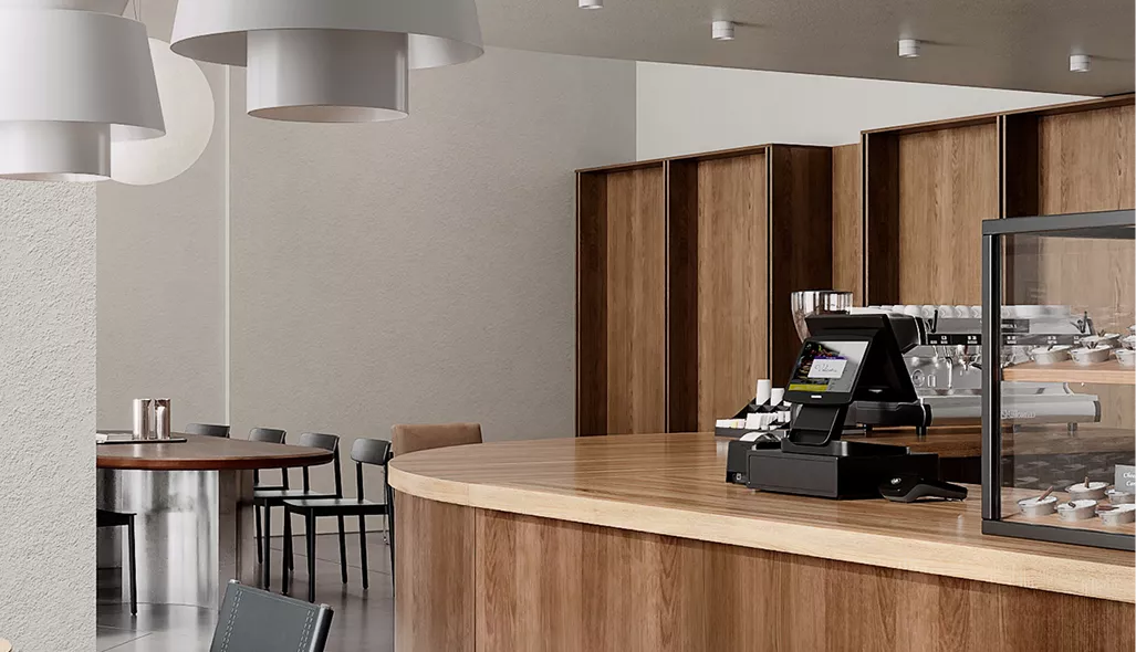 Café-interieur in CGI met gebogen houten toonbank, kassa en gebaksvitrine