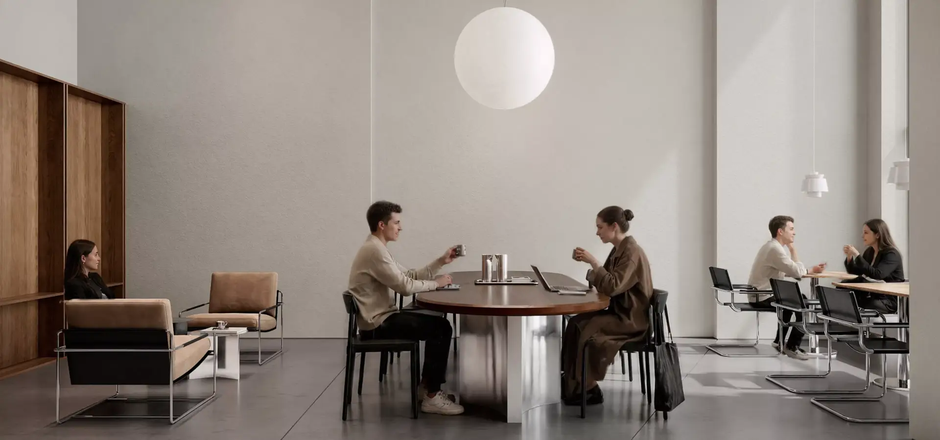 Minimalistisch café-interieur in CGI met houten gedeelde tafels, loungebanken en gasten die koffie drinken
