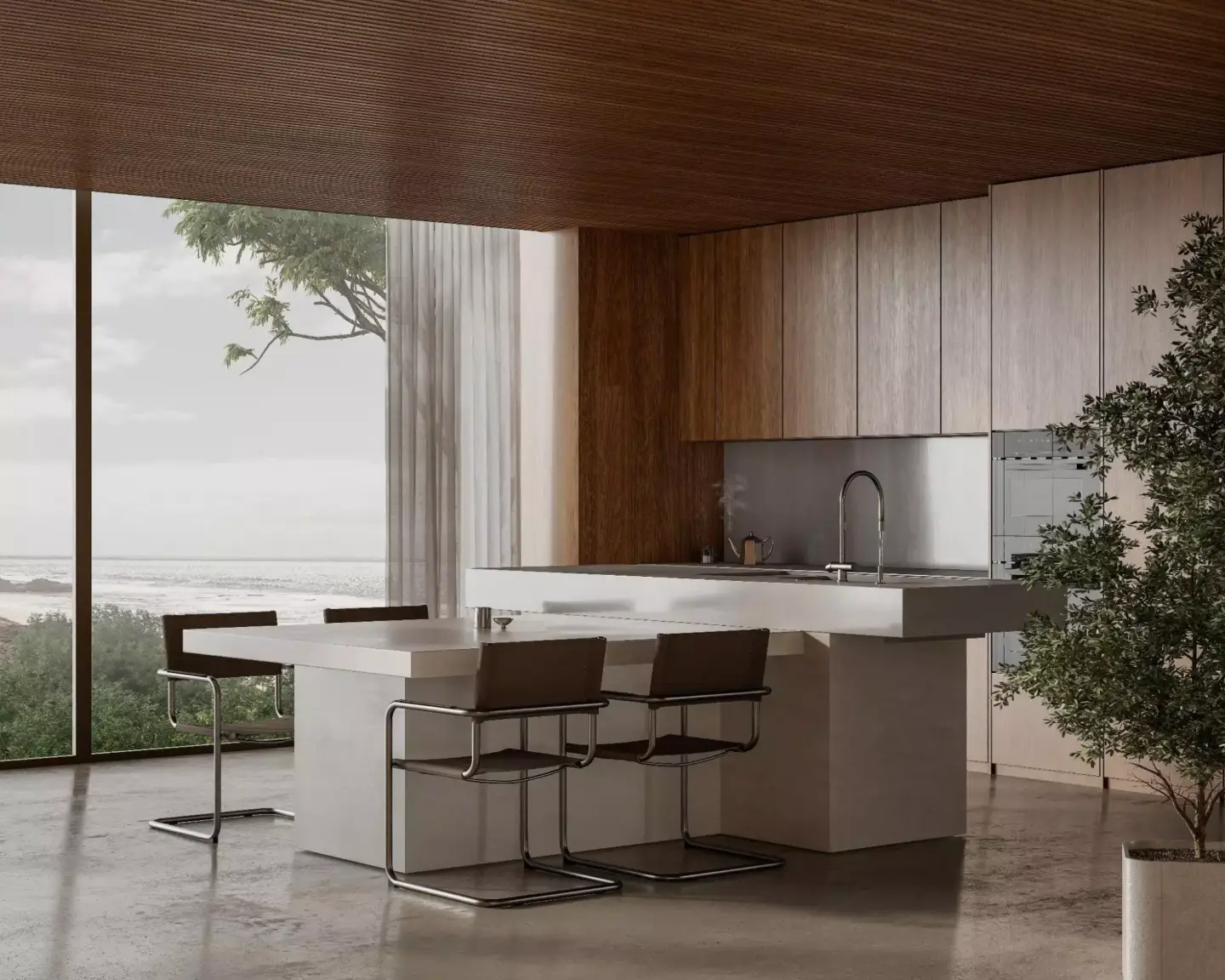 Best Interior Renders for 3D Interior Visualization Coastal kitchen and dining interior with wood cabinets, ocean view, and large windows