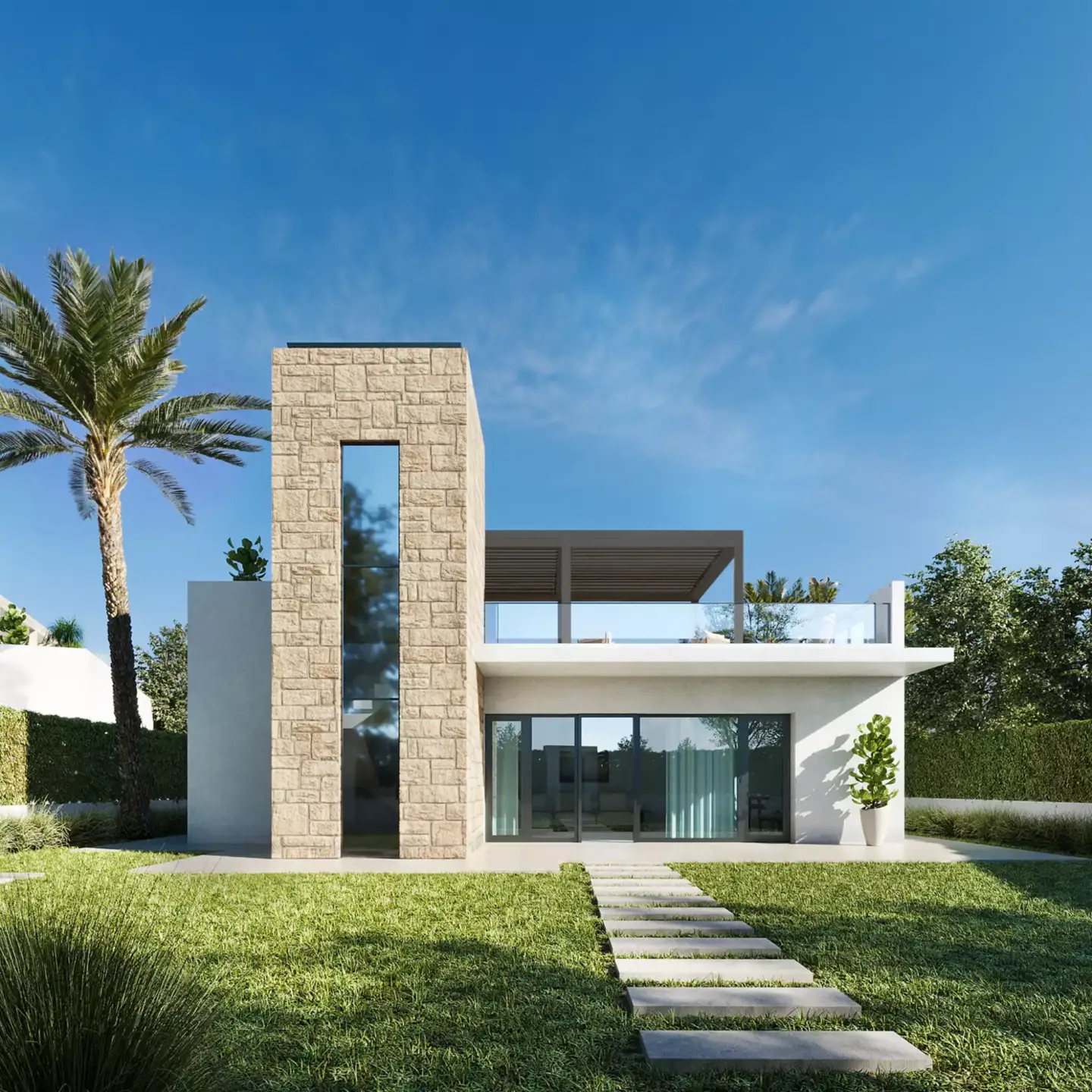 Contemporary house render with stone tower, rooftop terrace, lawn path, and palm tree