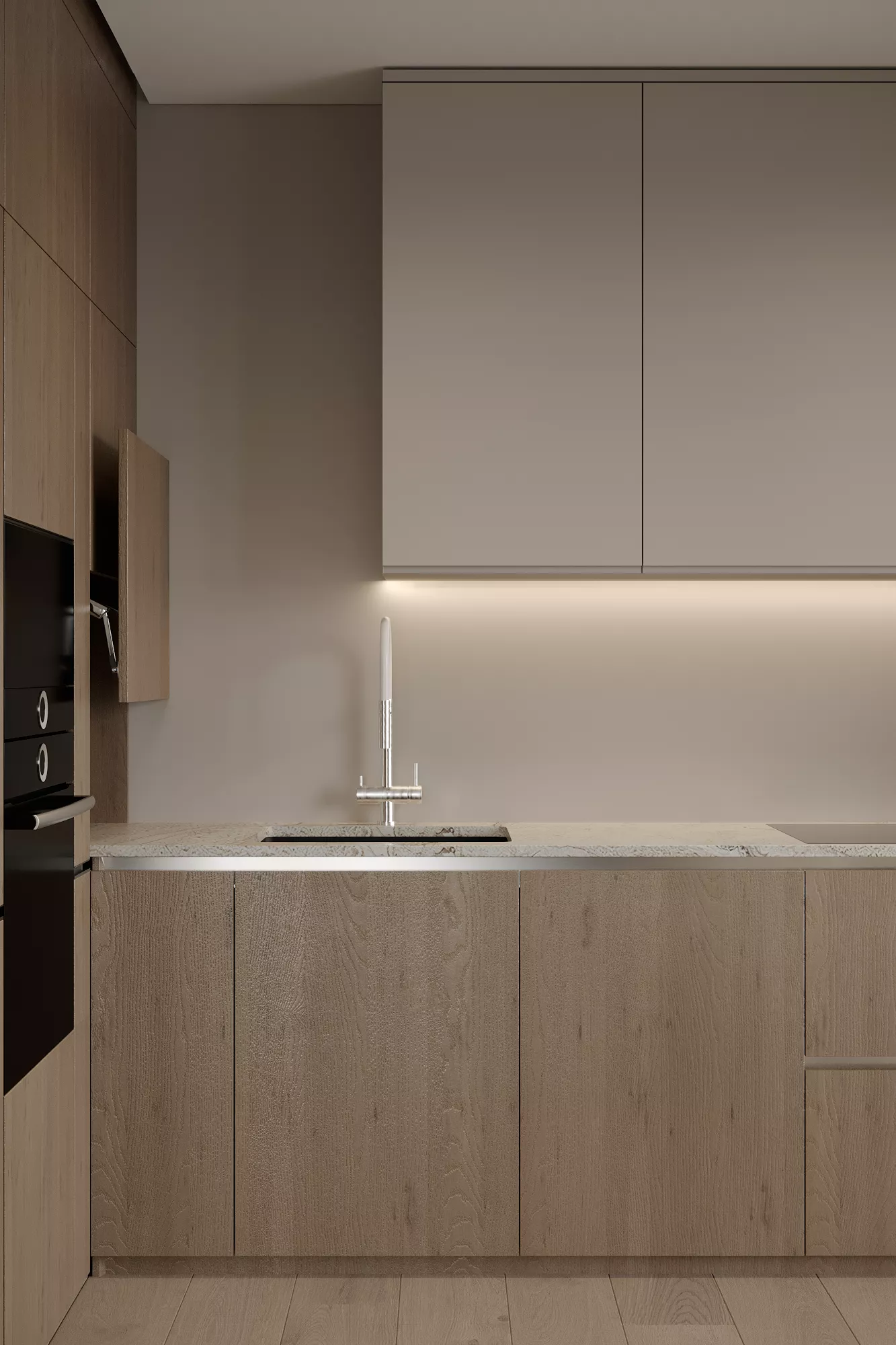 Contemporary kitchen render with light wood cabinets, built-in oven, and undercabinet lighting