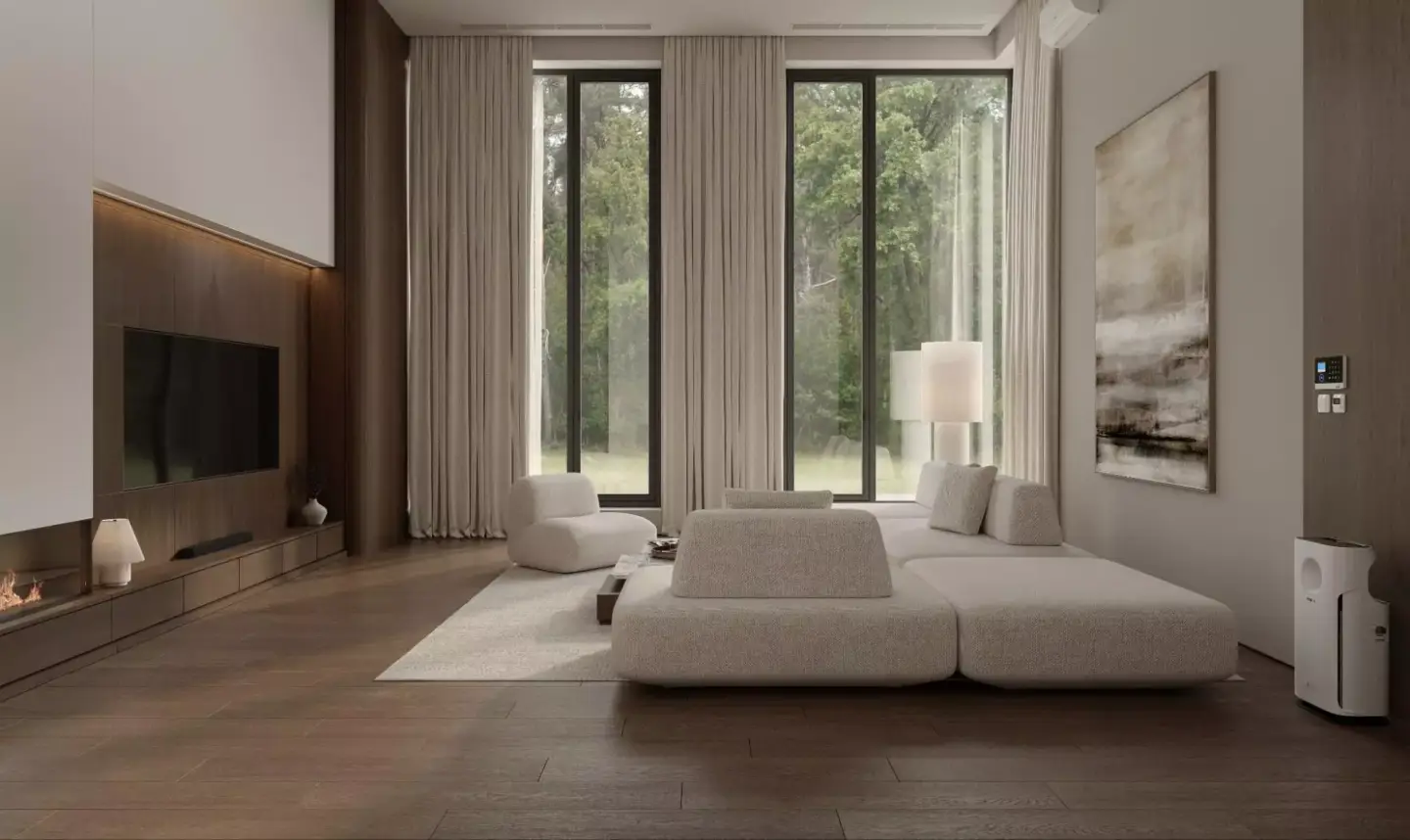 Best Interior Renders for 3D Interior Visualization Contemporary living room render with white sectional sofa, fireplace, tall windows, and wood floors