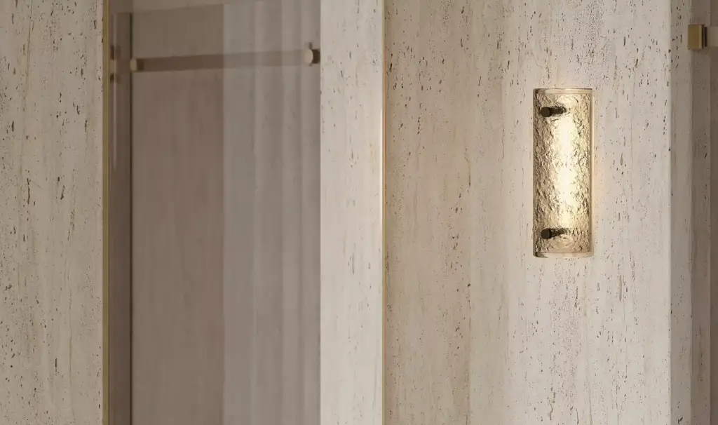Textured glass wall lamp mounted in bathroom interior, decorative lamp CGI visuals.
