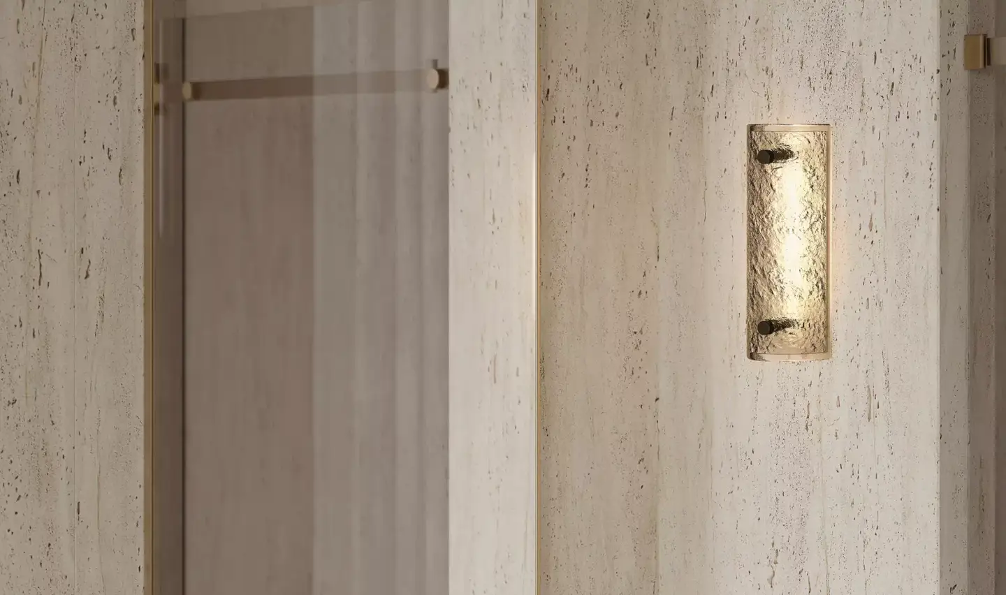 Render of a textured glass wall lamp mounted on a travertine bathroom wall