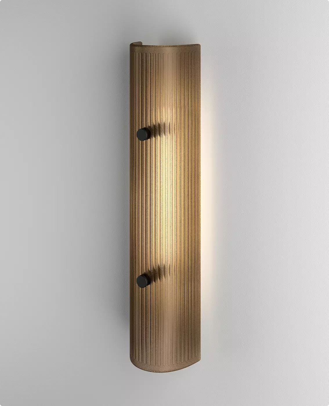 Ribbed glass wall lamp glowing on white wall, decorative lamp CGI visuals.