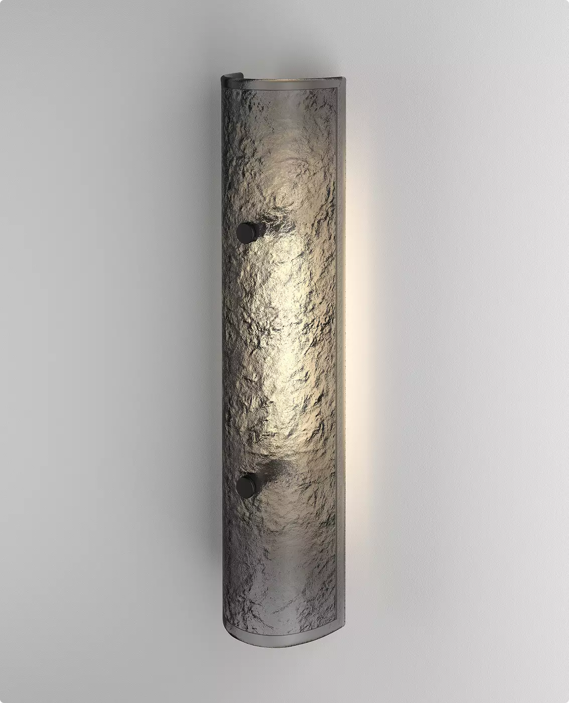 Textured smoked glass wall lamp with warm glow, decorative lamp CGI visuals.