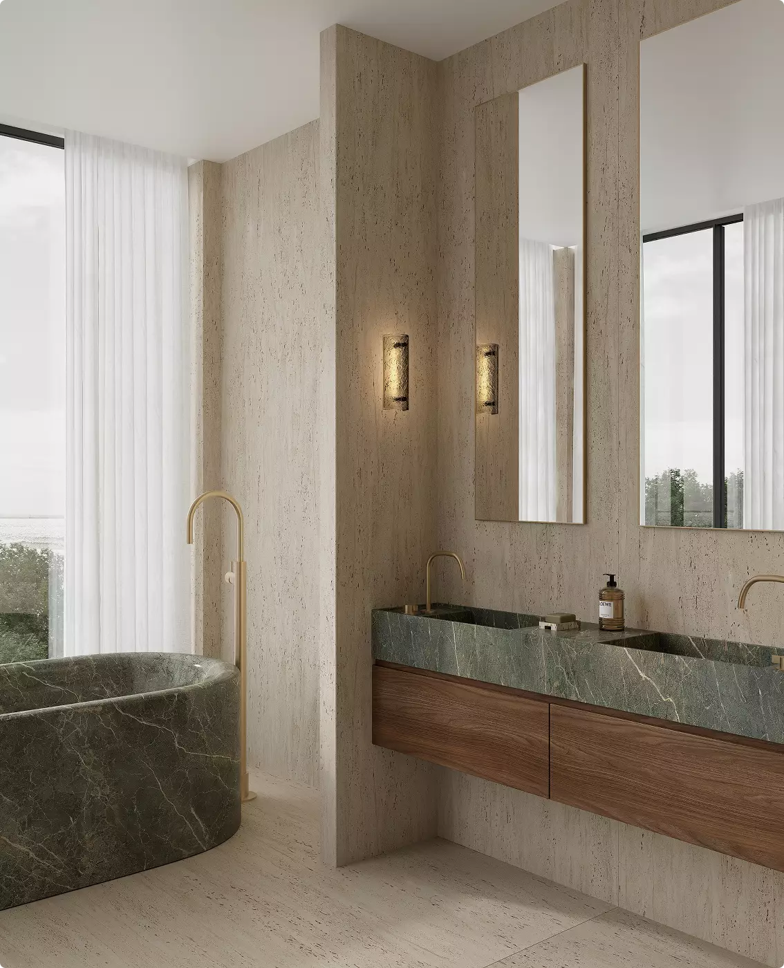 Luxury bathroom with illuminated wall fixtures beside mirrors, decorative lighting CGI visualization.