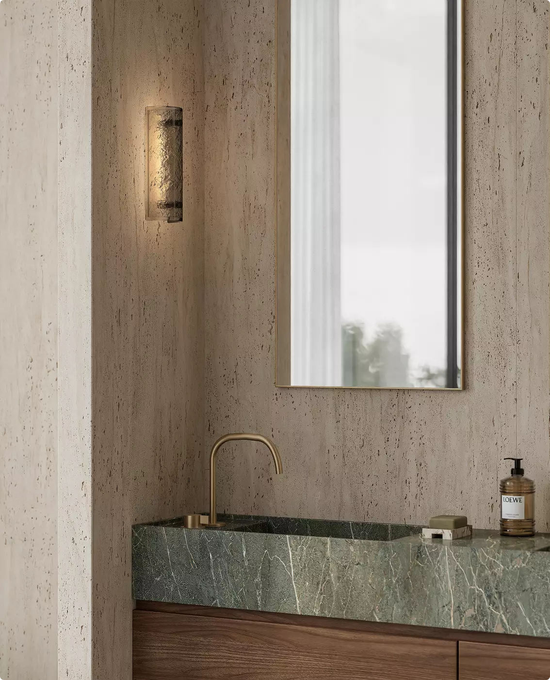 Bathroom vanity with glowing textured wall fixture, decorative lighting CGI visualization.