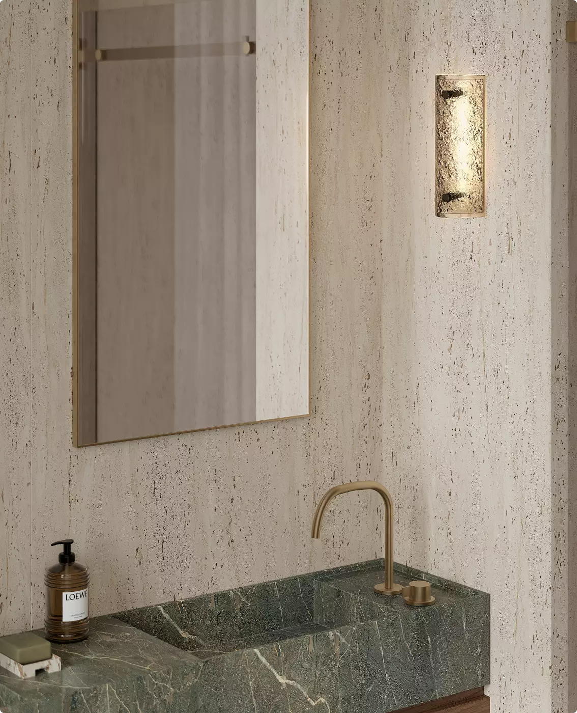 Bathroom wall with illuminated textured glass fixture, decorative lighting CGI visualization.
