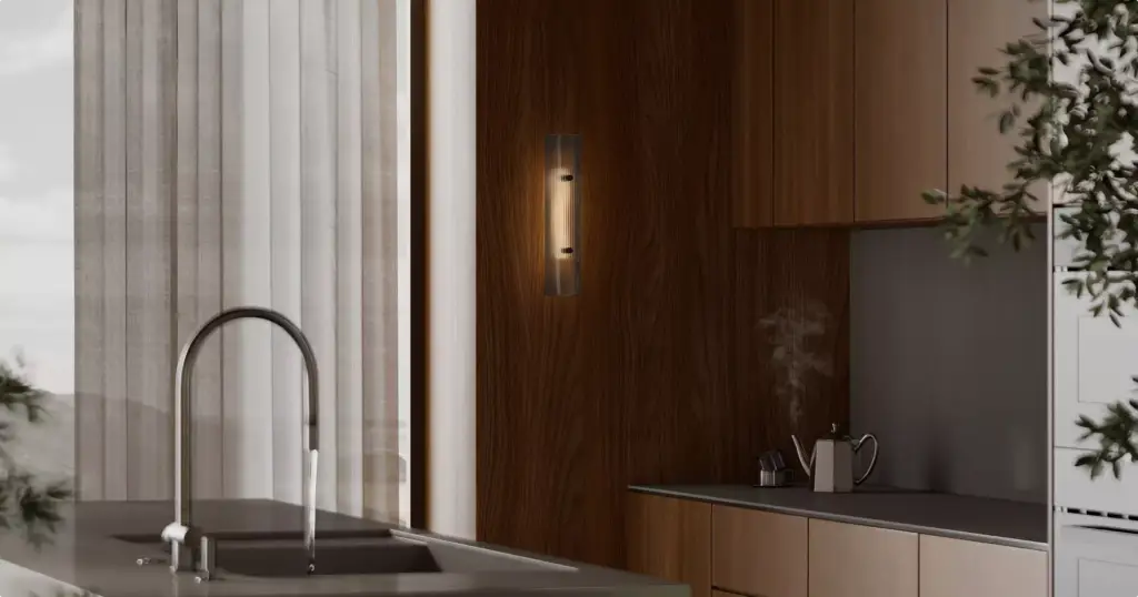 Modern kitchen with illuminated wall fixture on wood panel, decorative lighting CGI visualization.