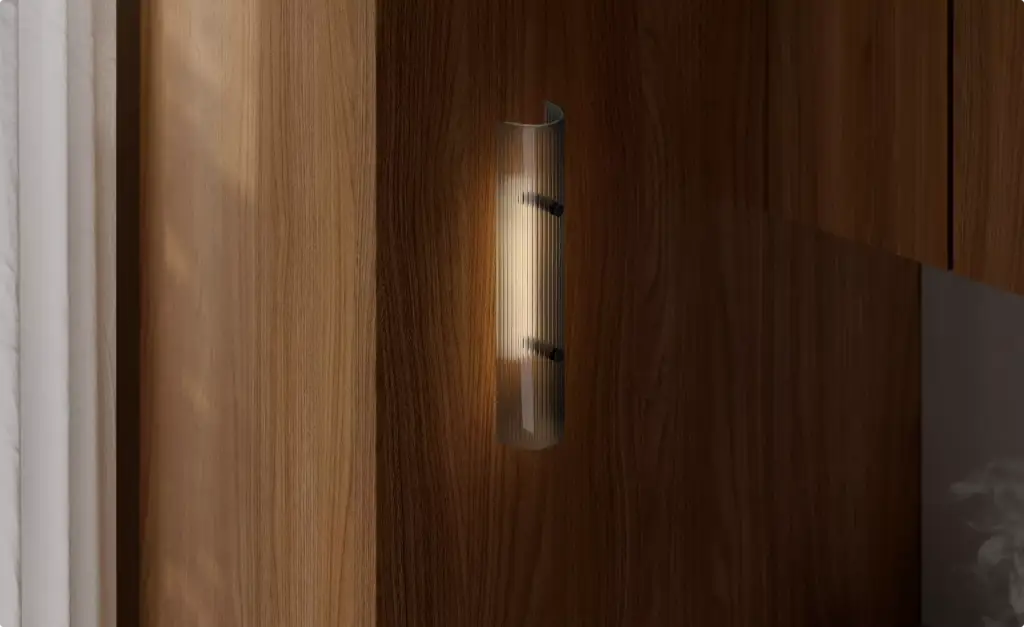 Close view of ribbed glass wall fixture on wood surface, decorative lighting CGI visualization.