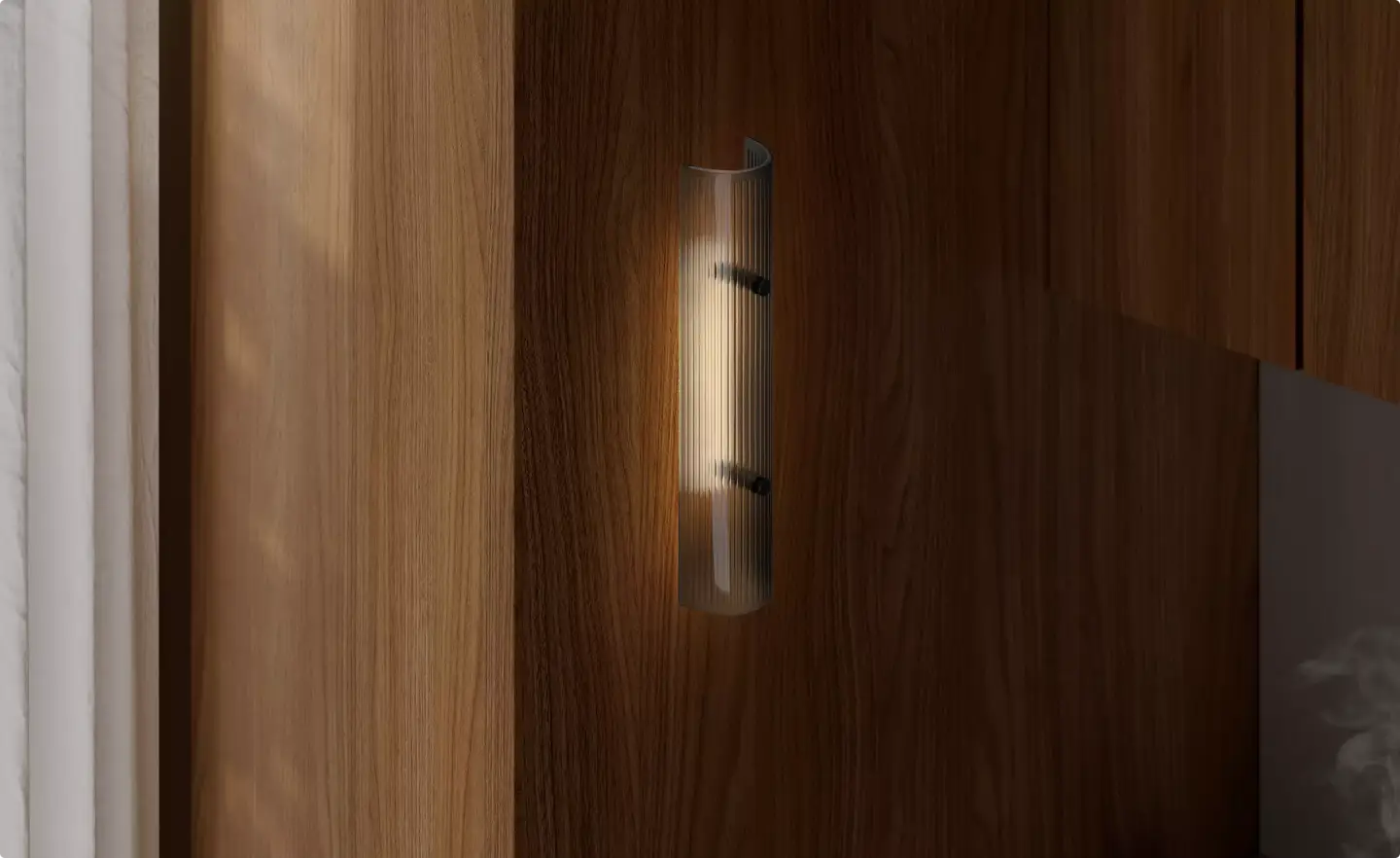 Close render of a glowing ribbed glass wall light on a walnut panel with warm light on the wood