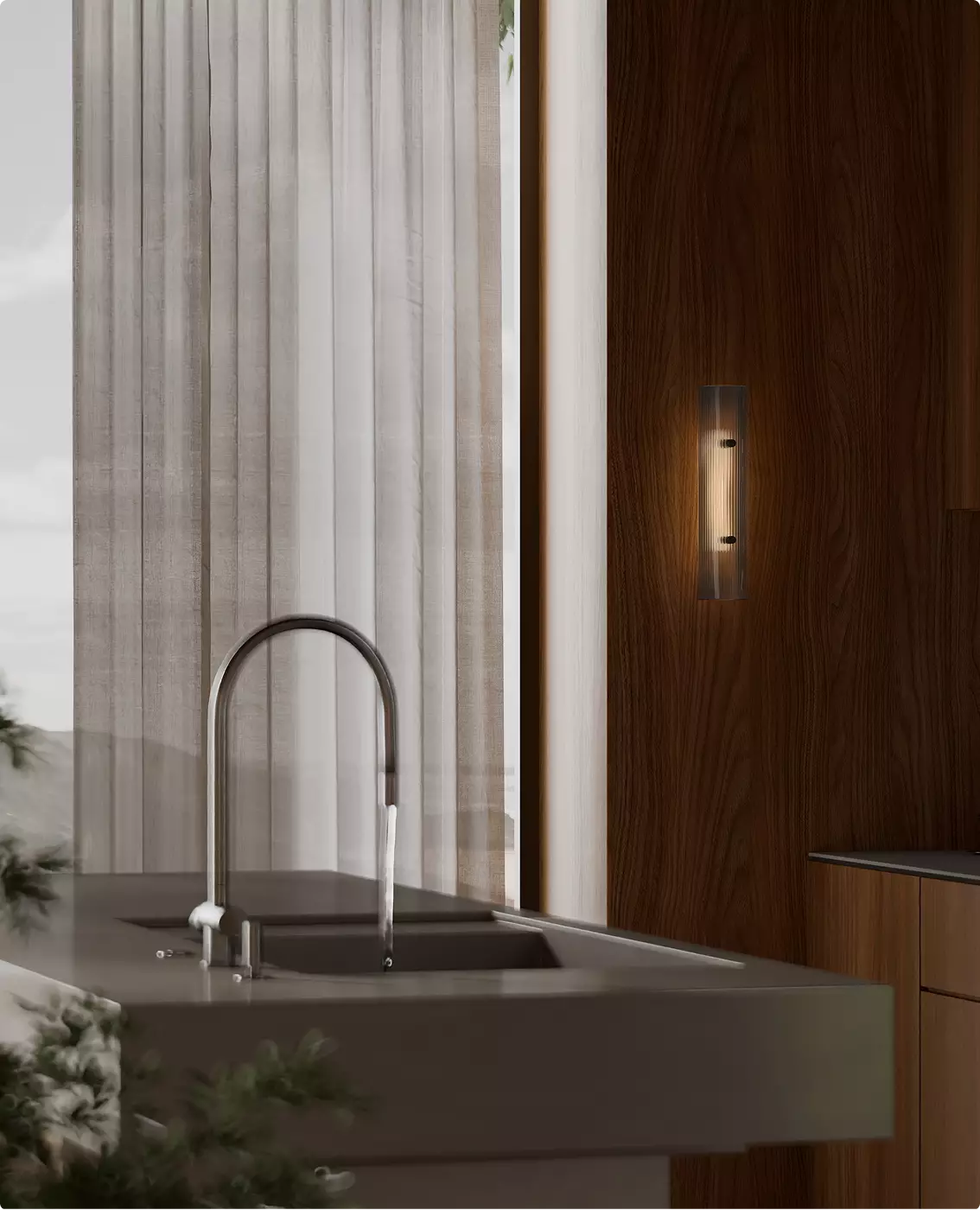 Kitchen sink area with glowing wall fixture on wood panel, decorative lighting CGI visualization.