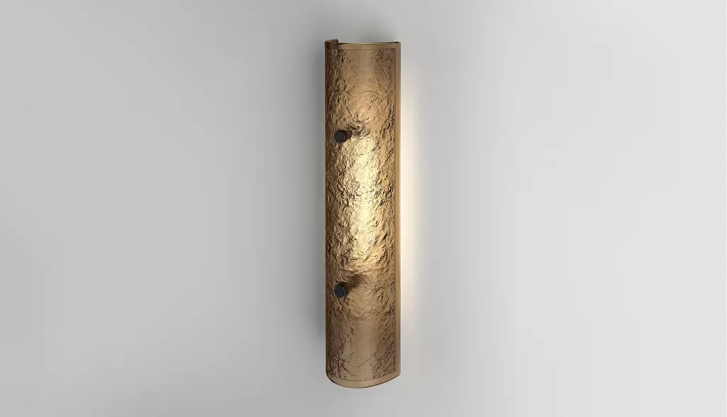 Textured curved glass wall fixture glowing on white wall, decorative lighting CGI visualization.