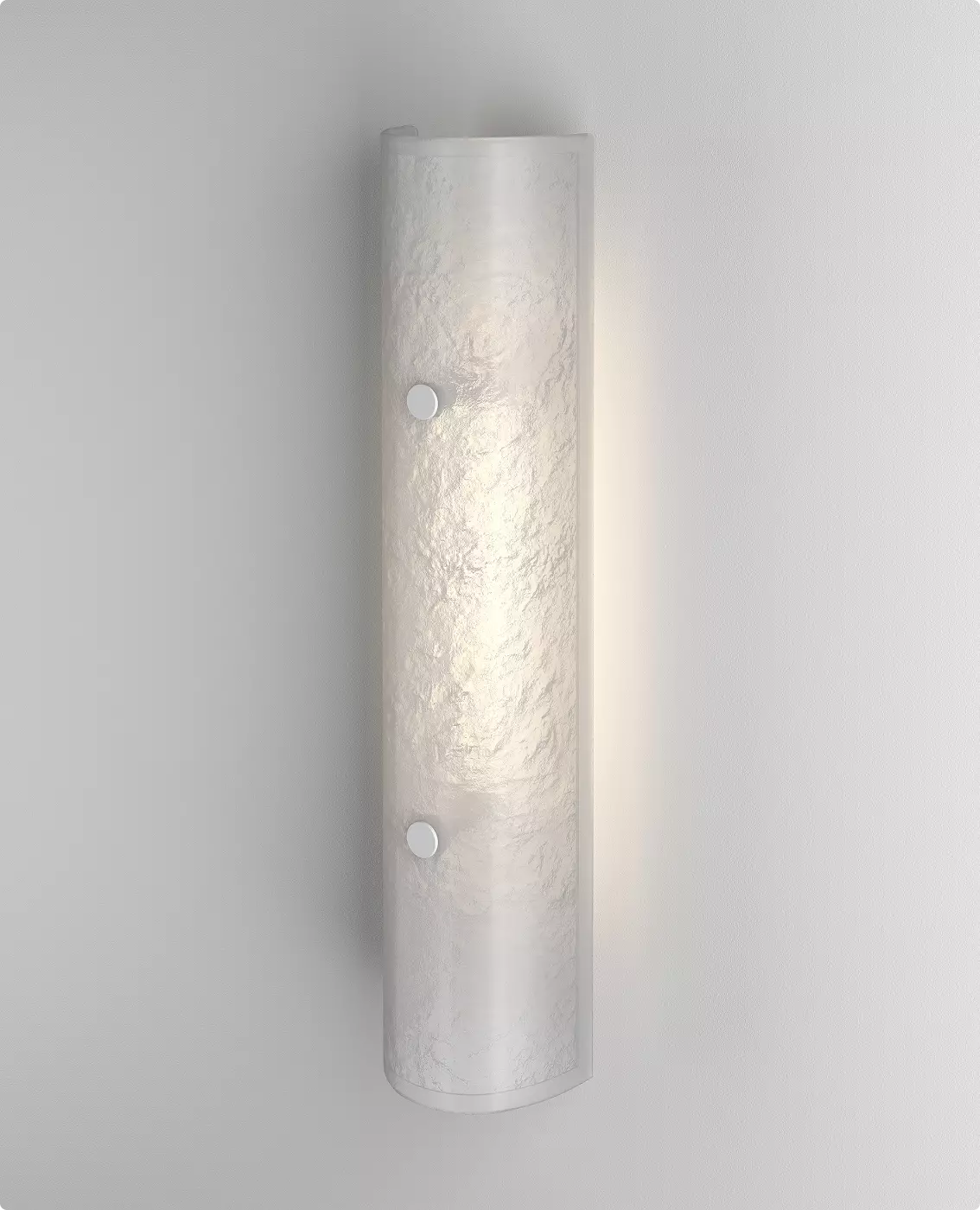 White textured glass wall fixture glowing on white wall, decorative lighting CGI visualization.