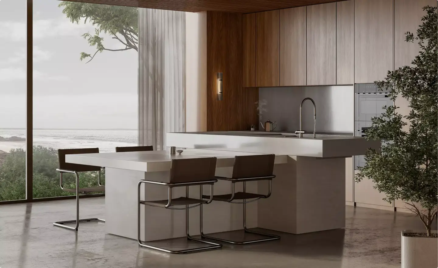 Render of a modern kitchen with a ribbed glass wall light glowing on a walnut panel beside a sea view