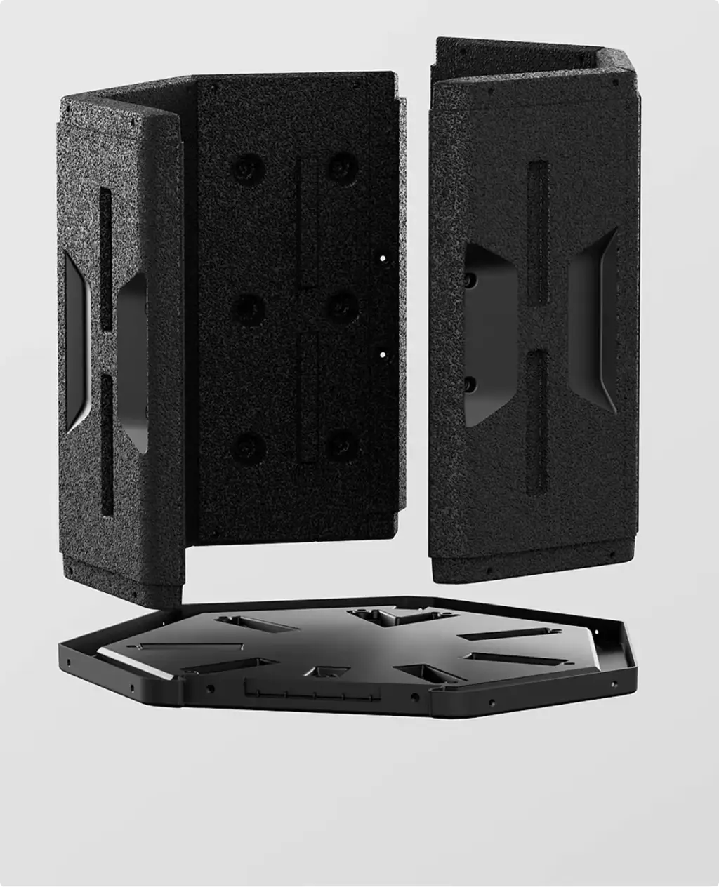 Exploded 3D render of composter side panels and hexagonal base before assembly