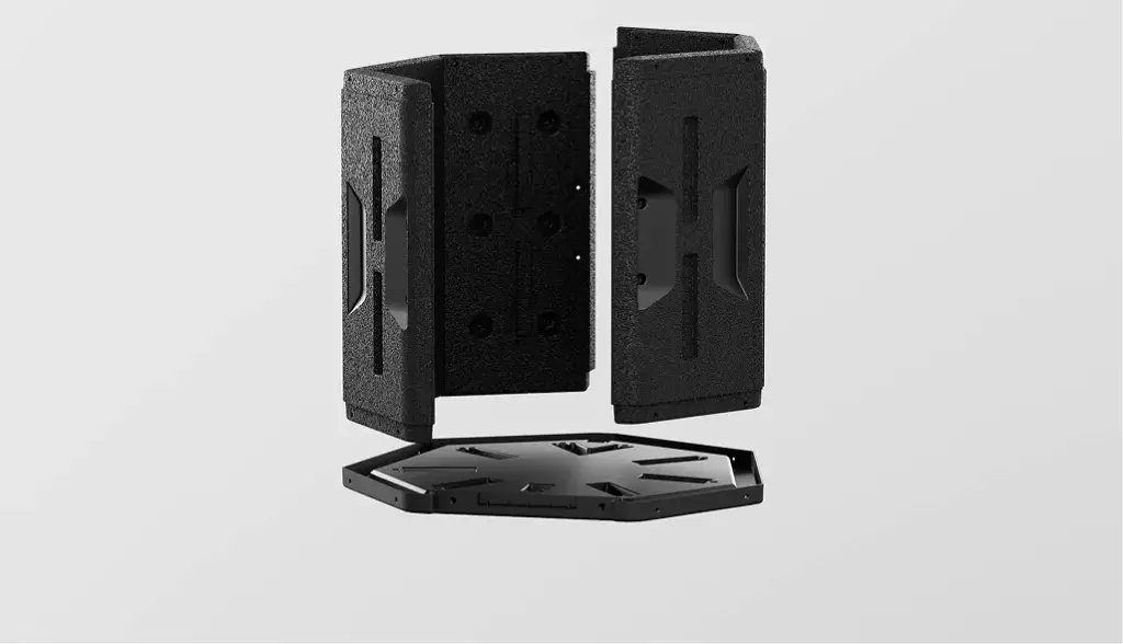 Exploded view render of the components of a countertop composting appliance