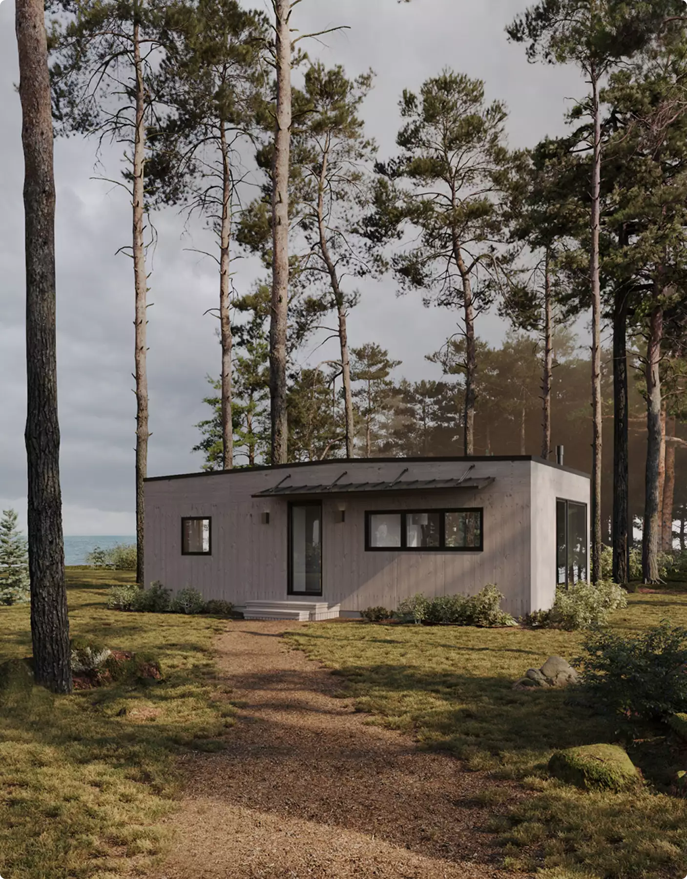 Small modern cabin among tall pine trees near coast, Architectural Photomontage Services