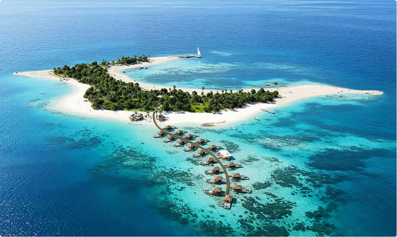 Exterior 3D rendering of a tropical island resort with overwater villas, representative of Malaysian coastal property visualization