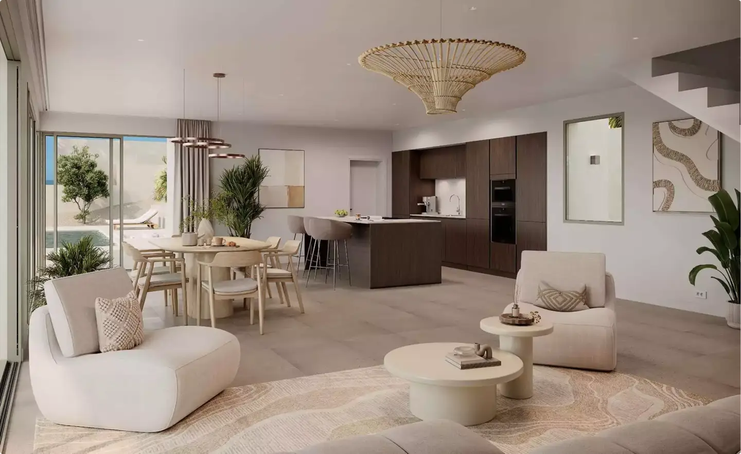 Exterior vs. Interior Rendering: Key Differences and When to Use Each Open plan living room and kitchen with dining area, exterior vs interior rendering