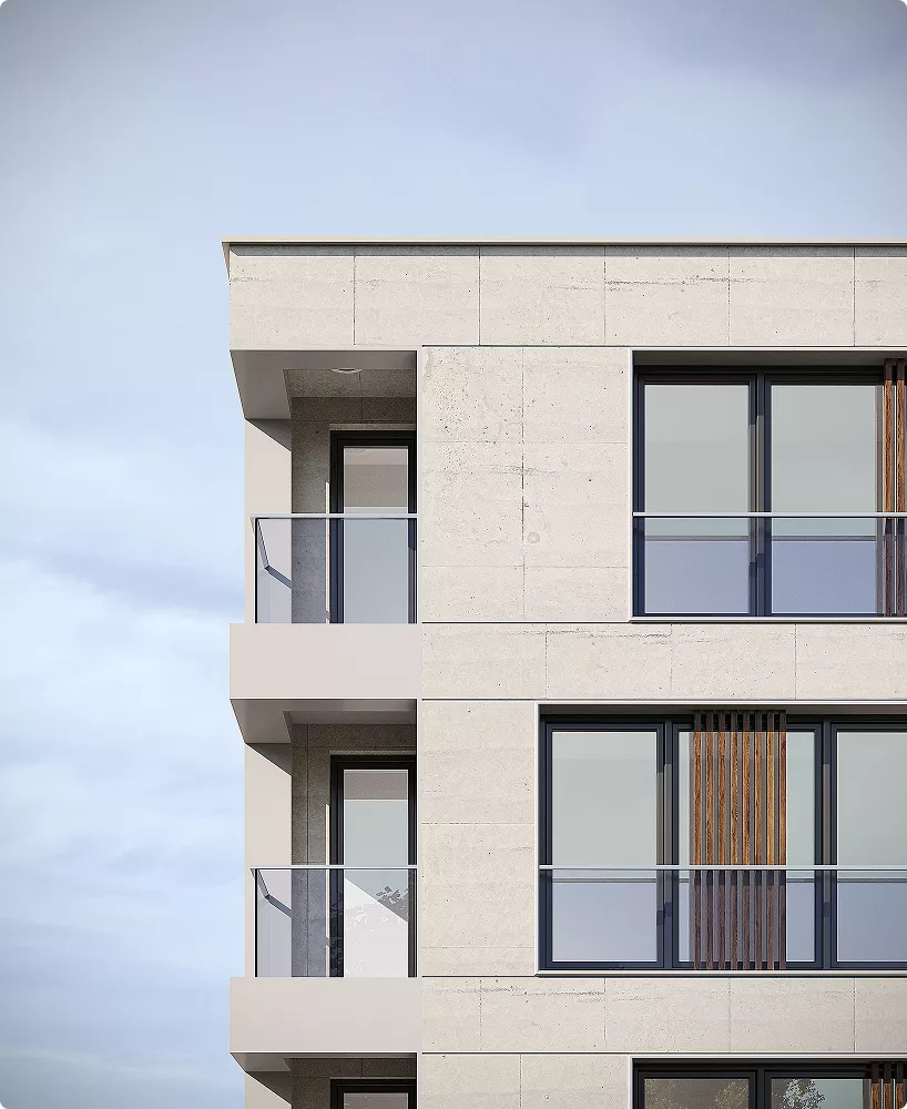 Apartment building hero image with balconies and modern facade against sky