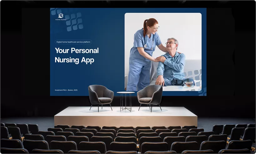 Conference stage hero image with large screen showing nursing app and seating area