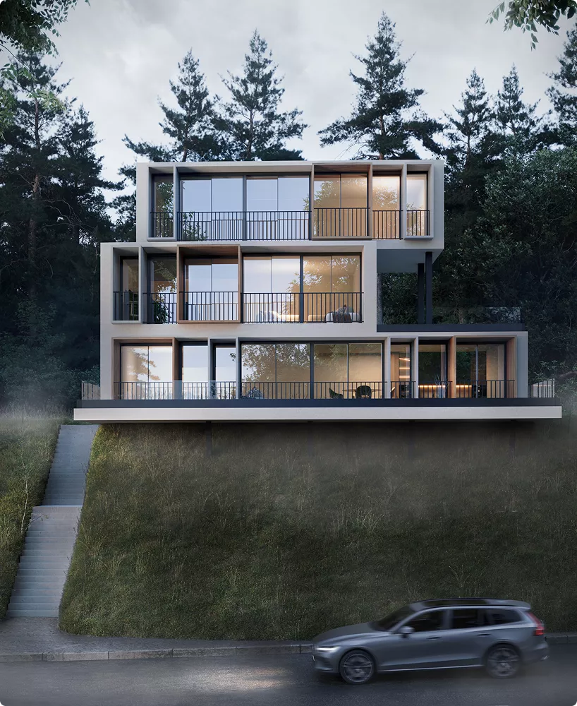 Modern house hero image with layered design on hillside and car on road