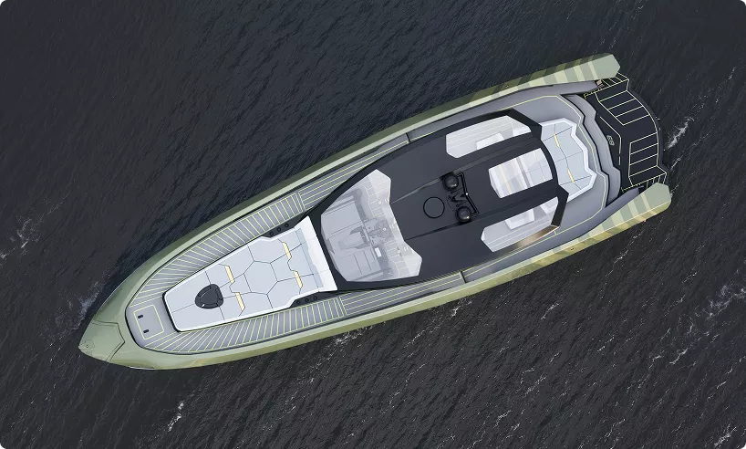 Luxury yacht hero image viewed from above on dark water with modern design