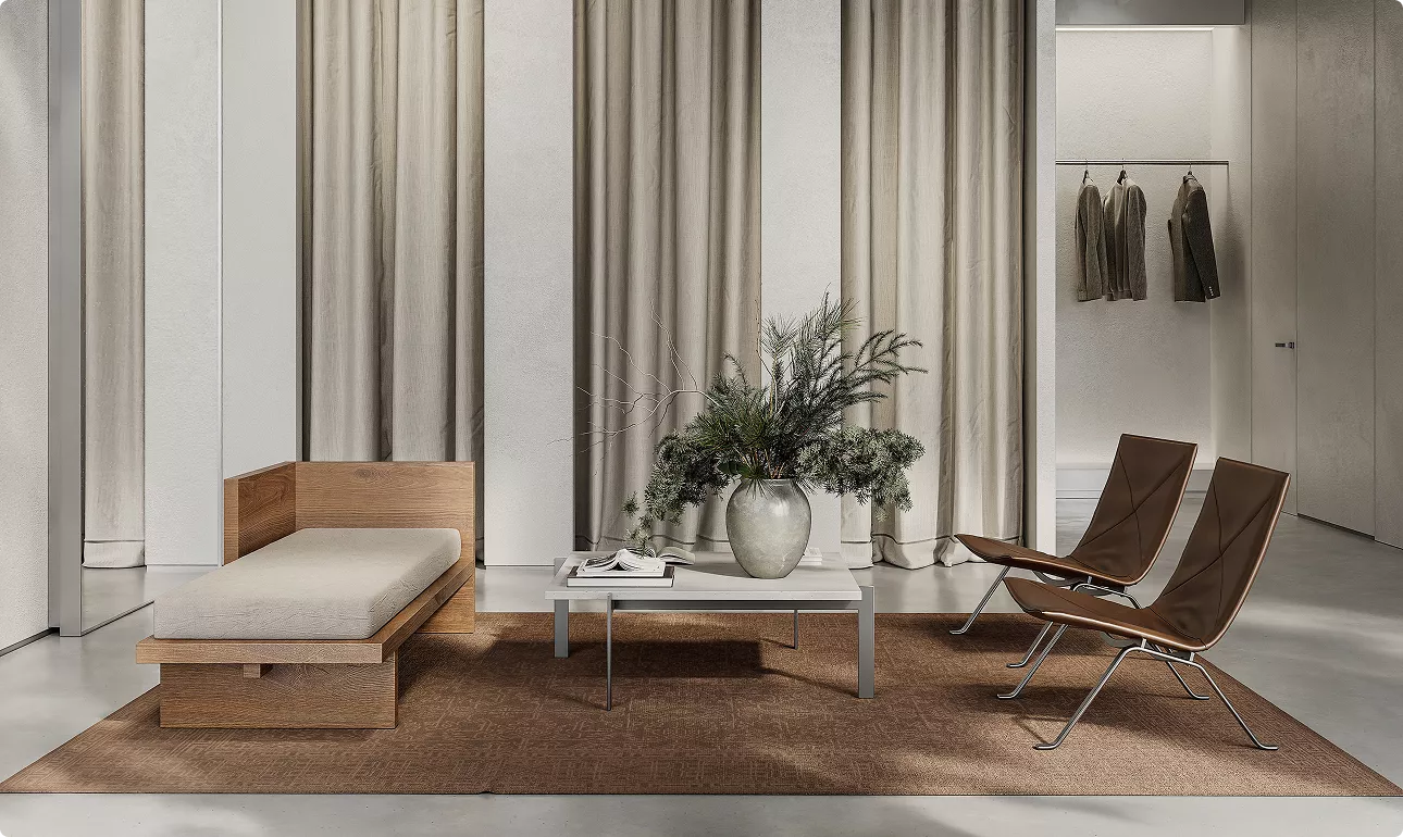 Photorealistic 3D interior rendering of a modern lounge produced for an architectural visualization project