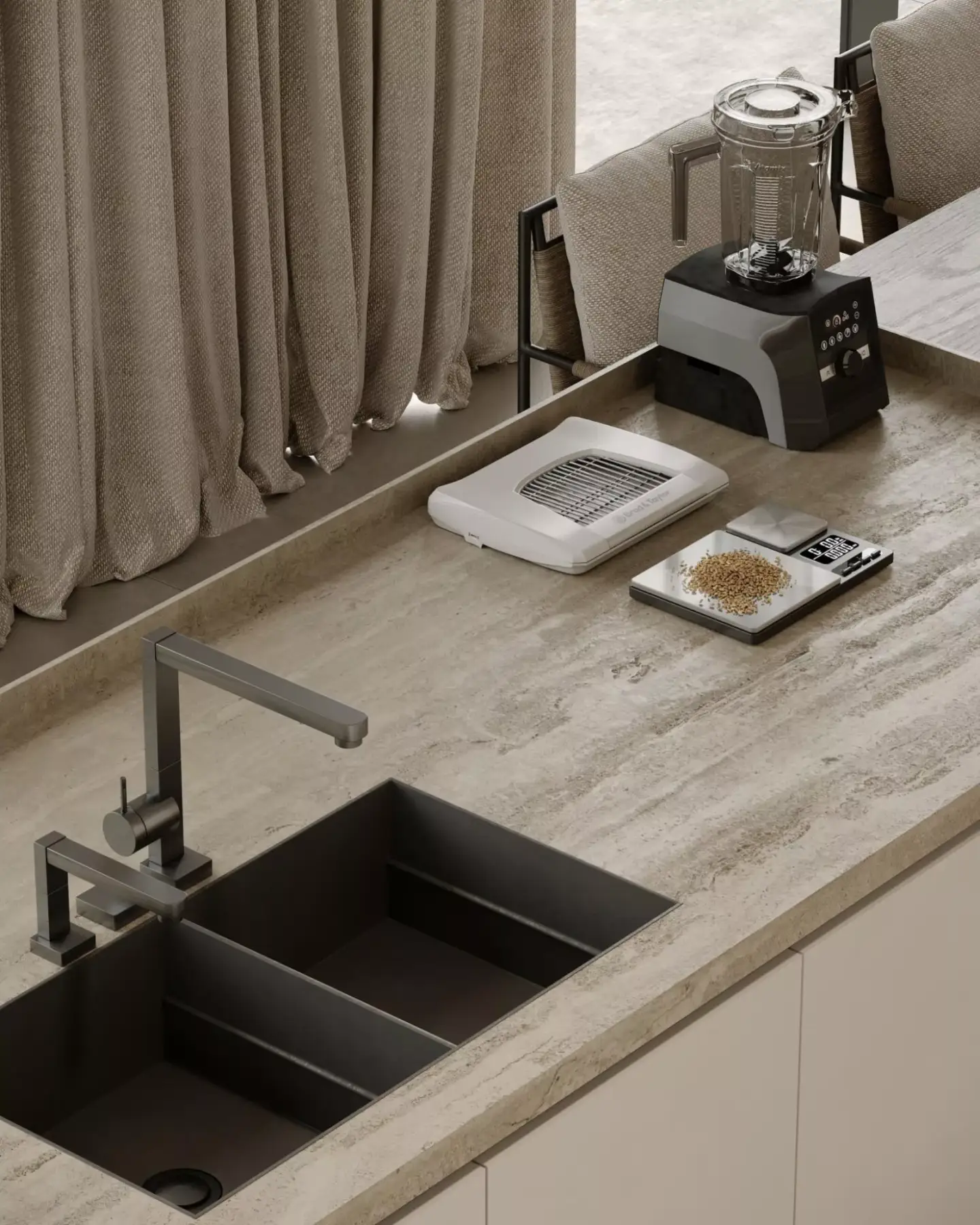 Kitchen countertop render with matte black sink, stone surface, and appliance setup