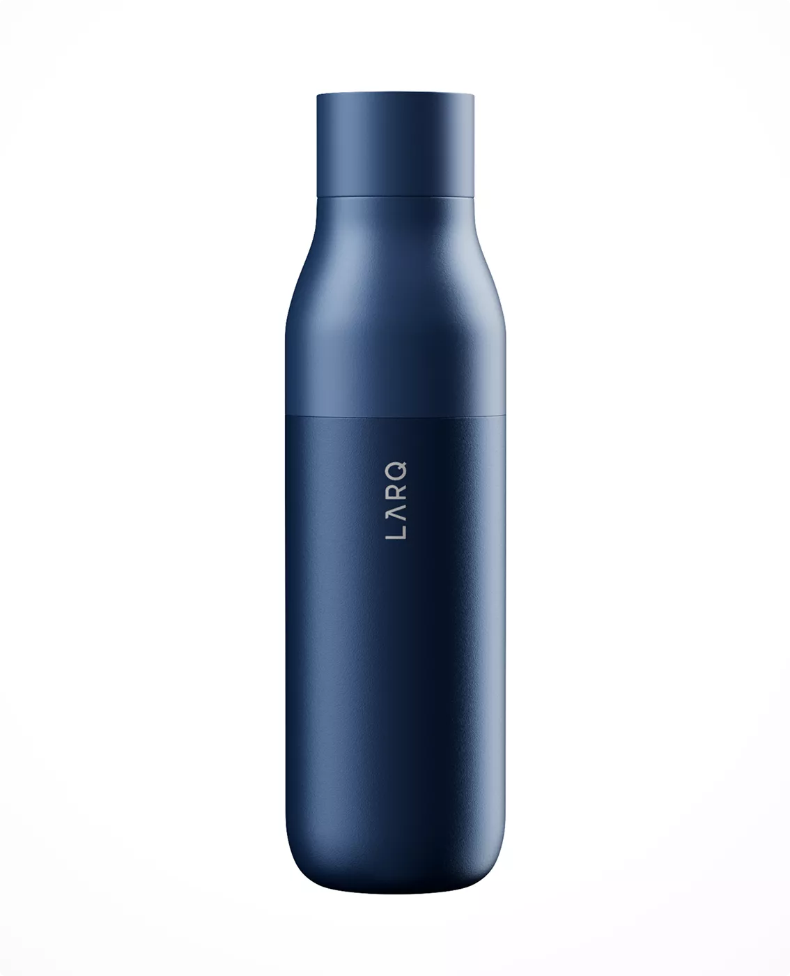 Visualizzazione della borraccia LARQ blu isolata su fondo grigio chiaro con styling di prodotto minimalista