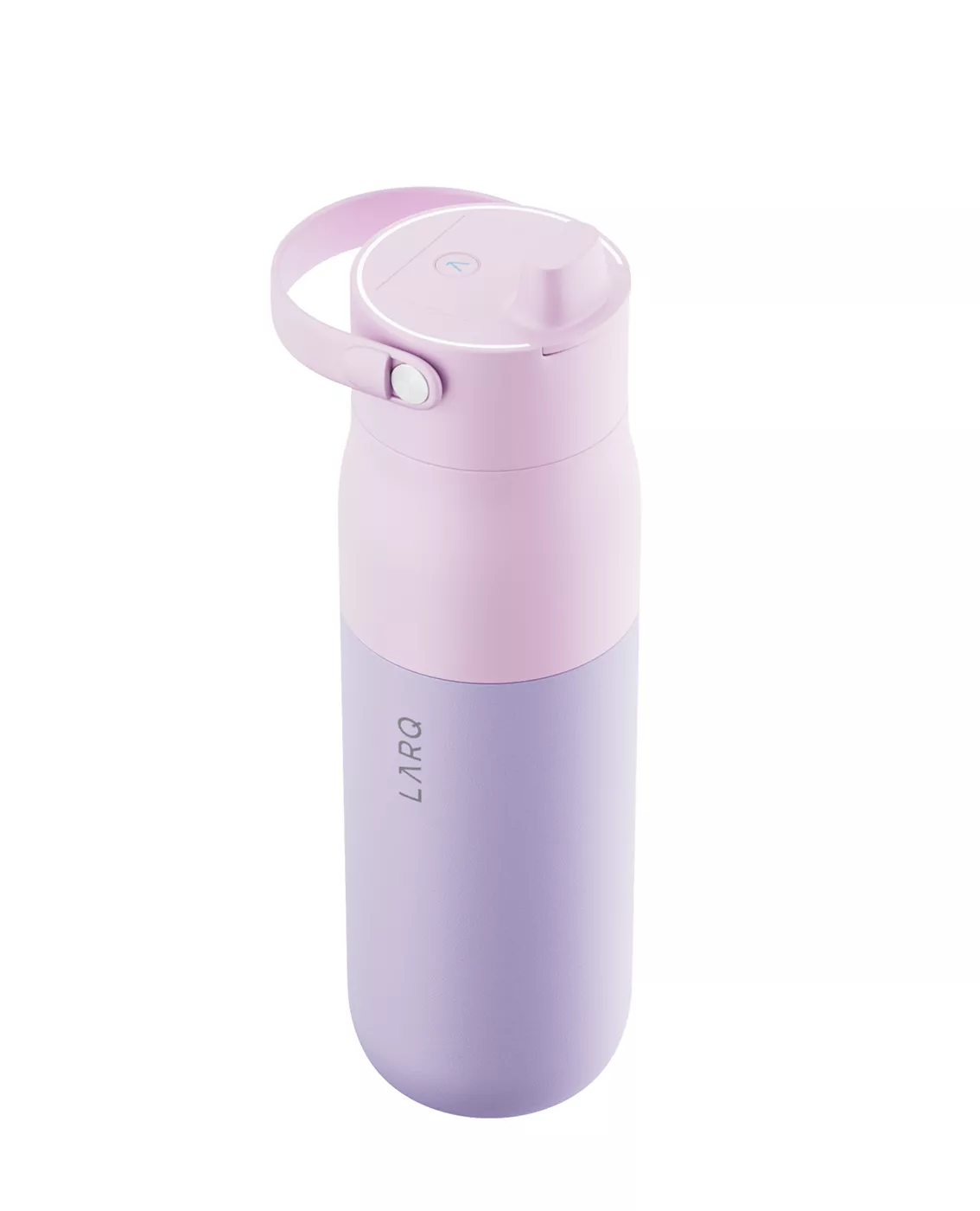 Visualizzazione della borraccia LARQ rosa e lavanda con maniglia ad anello su fondo grigio pulito