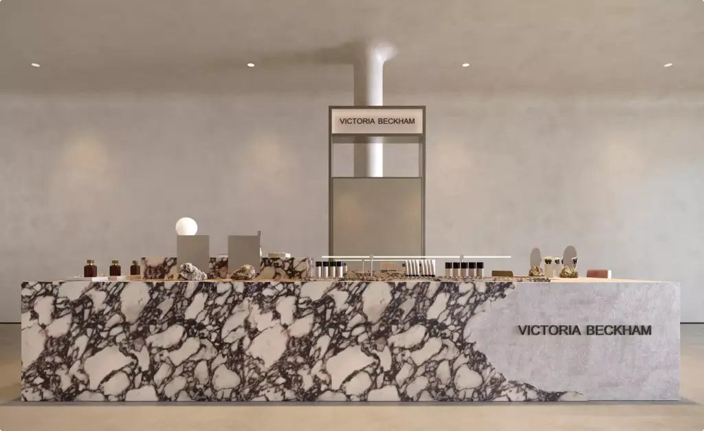 Elegant luxury beauty retail counter with marble textures, premium cosmetic displays, and minimalist boutique interior design.