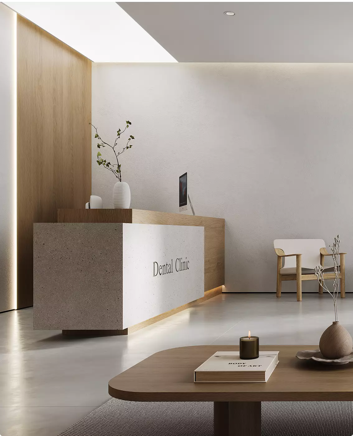 Rendering della reception e della lounge di uno studio dentistico di lusso con arredi minimalisti e luce calda