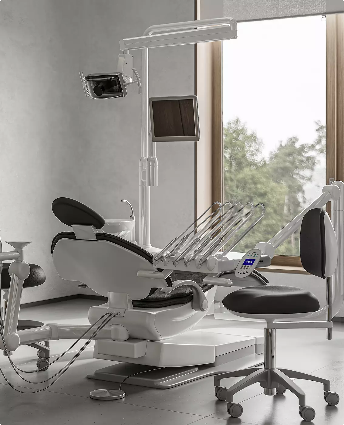 Rendering di uno studio dentistico di lusso con poltrona di trattamento avanzata accanto a una grande vetrata panoramica