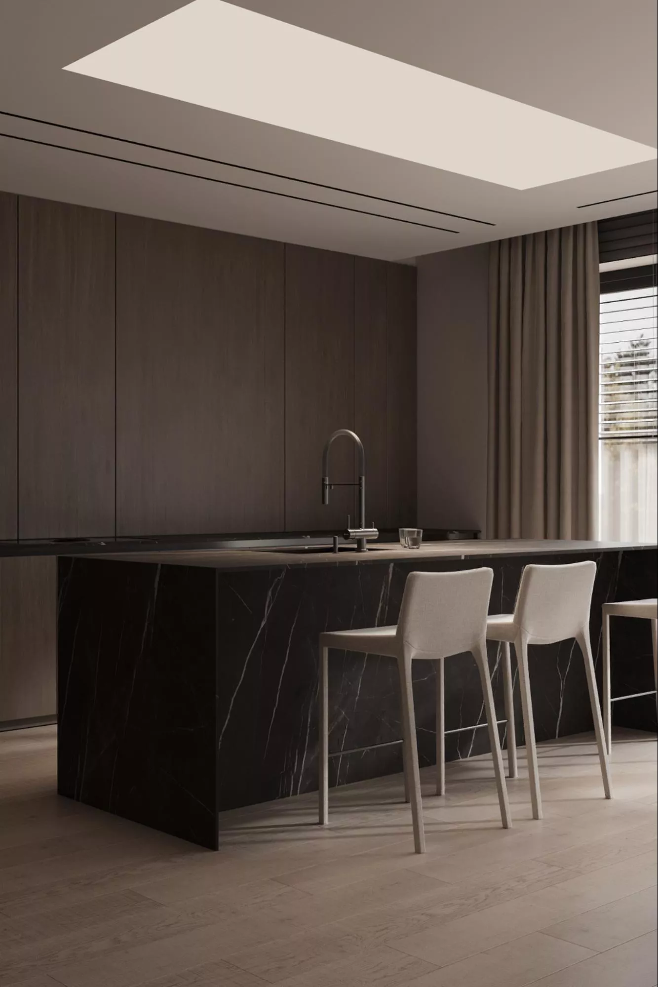 Luxury kitchen visualization with dark cabinetry, marble island, and soft ceiling lighting