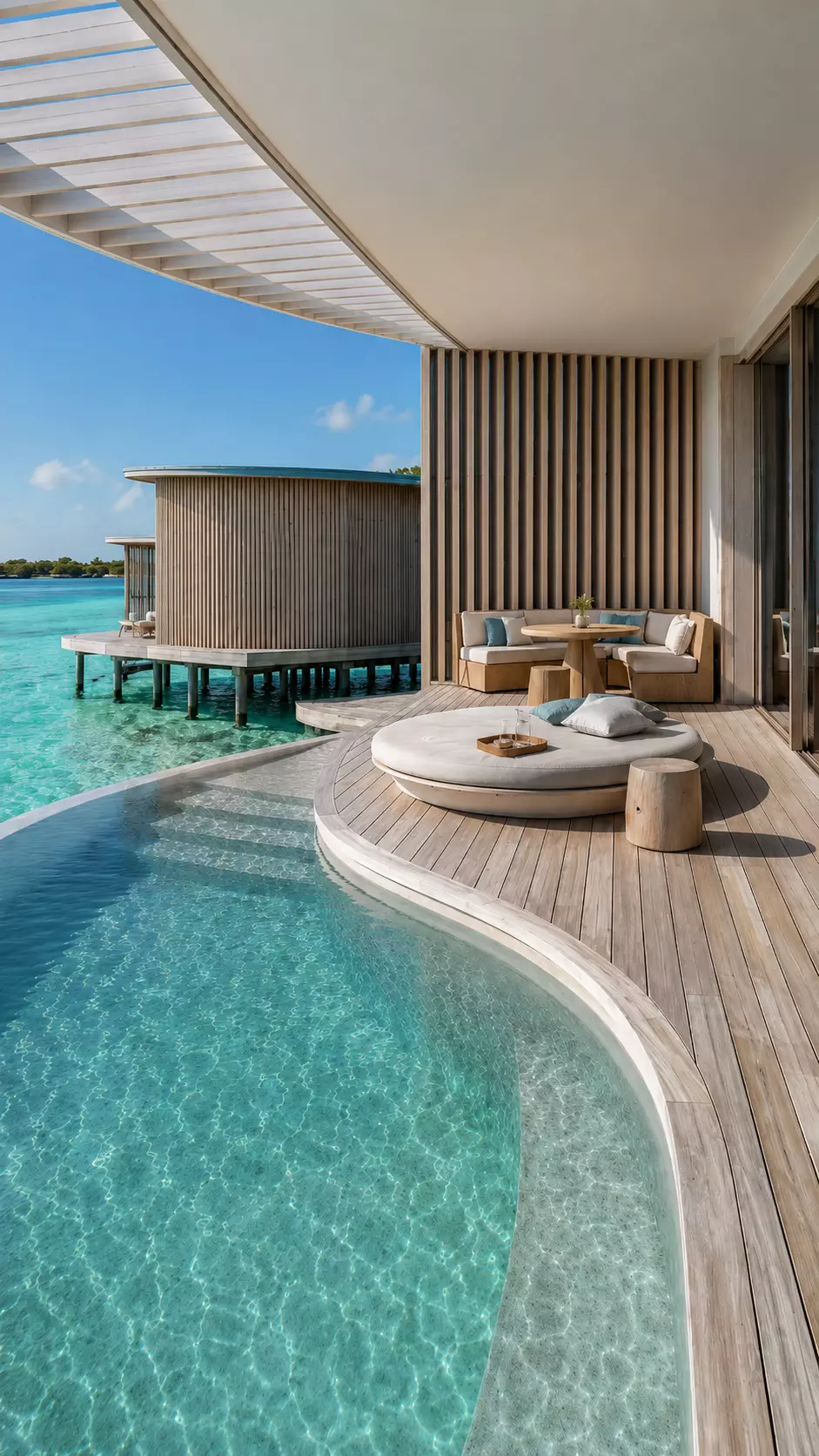 Best Interior Renders for 3D Interior Visualization Luxury overwater terrace with pool, wood deck, lounge seating, and turquoise lagoon