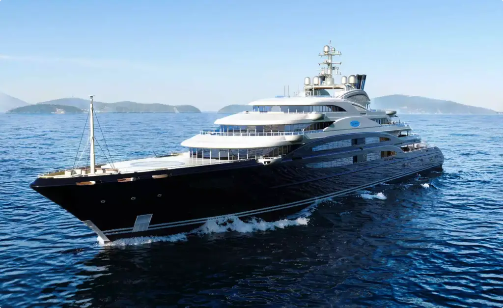 Luxury yacht CGI visualization of a black and white superyacht sailing across calm ocean